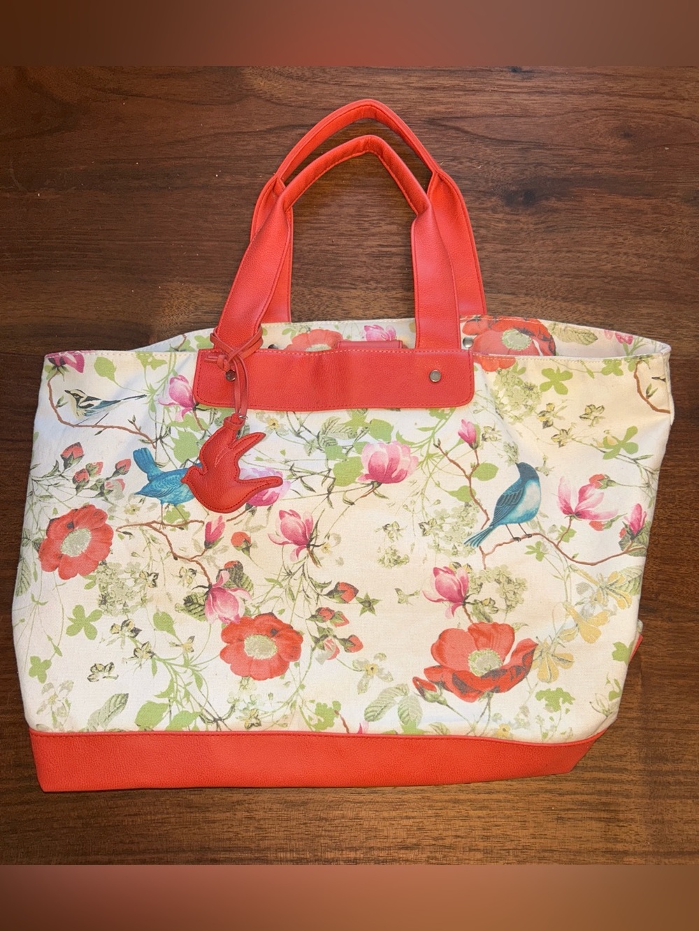 Jo-Ann Branded Pure Honey Large Tote Bag, Red, White, Floral, Birds, Spring Pink